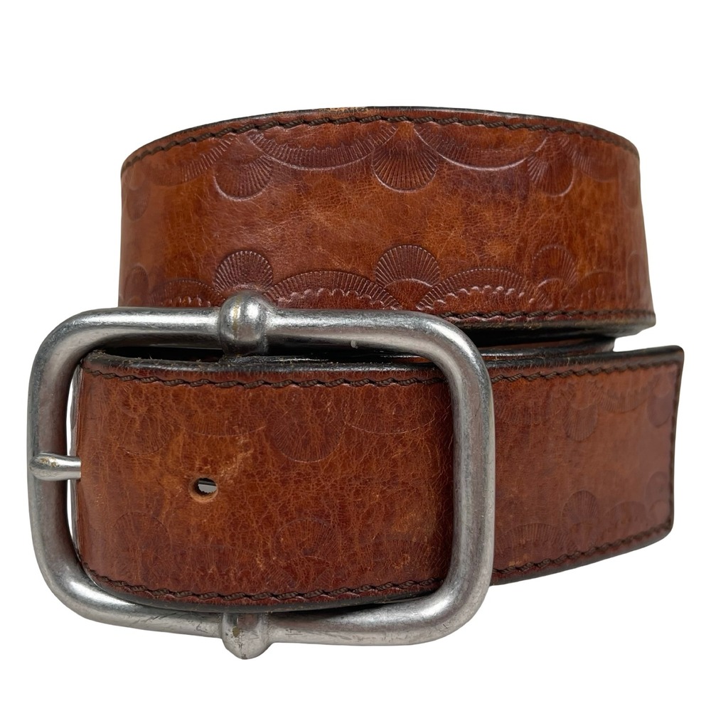 Vintage Gap Tooled Leather Belt Women M Brown Scalloped Embossed Made in USA